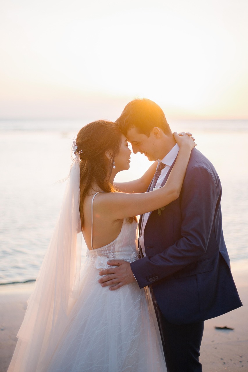 sunset, couple, wedding, nature, bride, groom, married couple, husband, wife, man, woman, romance, romantic, relationship, beach